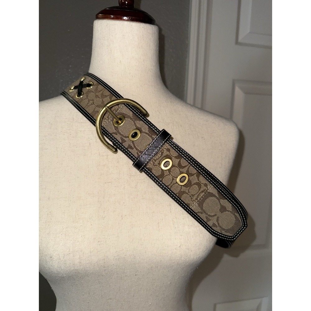 Coach Monogram Canvas and Leather Wide Boho Western Belt in Tan and Brown Sz L
